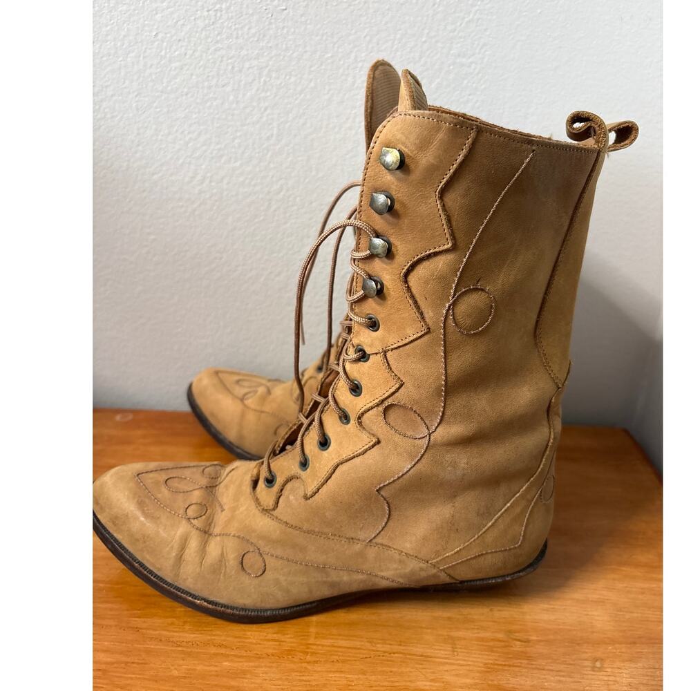 Vintage Tan Leather Lace Up Victorian Style Granny Packer Boot 7.5 - Picture 3 of 7